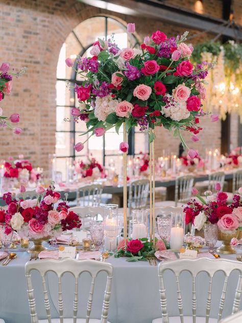 Rose Wedding Decor, Romantic Wedding Table, Bright Pink Wedding, Classic Romantic Wedding, Magenta Wedding, Tall Centerpiece, Hot Pink Weddings, Pink Wedding Theme, Hot Pink Roses