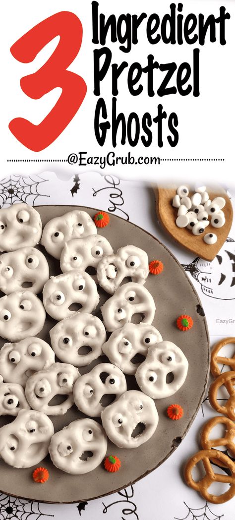 3 Ingredient Ghost Pretzels are not only yummy to eat, they're fun to make! Pretzel ghosts have wonky, funny candy eyes that little ones will have a lot of laughs over while putting the eyes on the ghosts. Heck, even looking at them makes a person laugh! A great homemade halloween treat, only 3 ingredients, and the kids will adore them! Pretzel Ghosts, Ghost Snacks, Ghost Pretzels, Kid Friendly Party Food, Halloween Snack Board, Fun Halloween Recipes, Homemade Halloween Treats, Halloween Pretzels, Easy Halloween Recipes