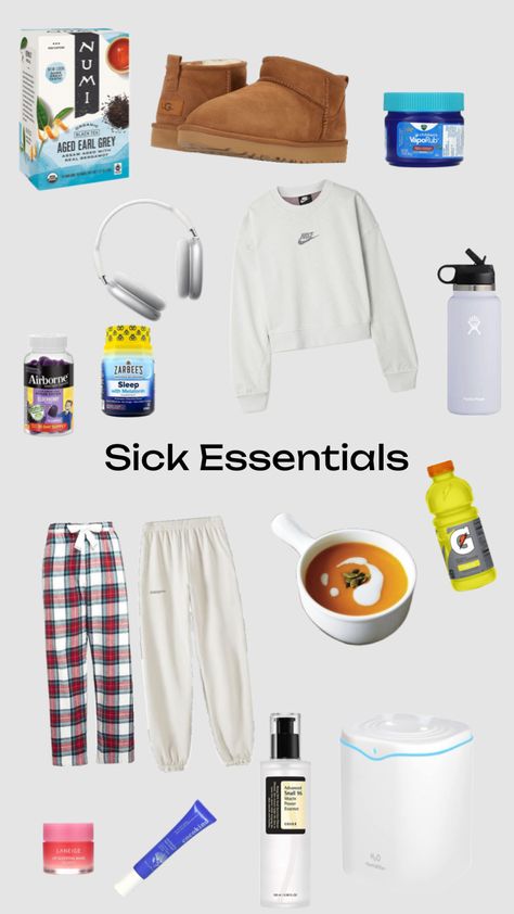 Sickness essentials #sickday #healthy #soup #comfy #hydrated Sick Day Outfit, Sick Day Essentials, Wallet Inspiration, Pamper Days, Lilly Pulitzer Outfits, Room Checklist, Niche Aesthetic, Morning Routine School, Nurse Aesthetic