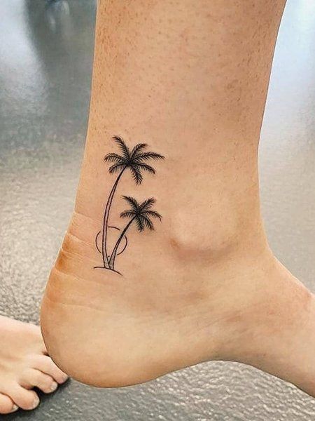 Tree Tattoo Ankle, Palm Tree Tattoo Ankle, Beach Inspired Tattoos, Small Beach Tattoos, Beachy Tattoos, Tattoo Ankle, Sunset Tattoos, Tato Henna, Ankle Tattoos For Women