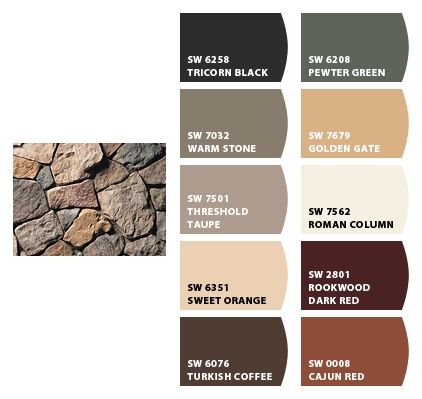 Sw Rock Garden Paint, Exterior House Paint Color Combinations With Stone Rocks, Sherwin Williams Rocky River Exterior, Rock Bottom Color Palette, Brown Rock House Exterior, Exterior Paint Colors For House, House Paint Exterior, Exterior Paint Colors, Sherwin Williams