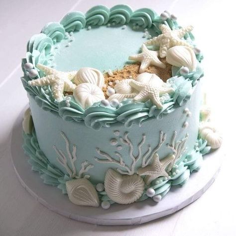 Gökkuşaği Pasta, Chocolate Seashells, Ocean Birthday Cakes, Summer Birthday Cake, Beach Birthday Cake, Beach Themed Cakes, Ocean Cakes, Sea Cakes, Beach Cakes