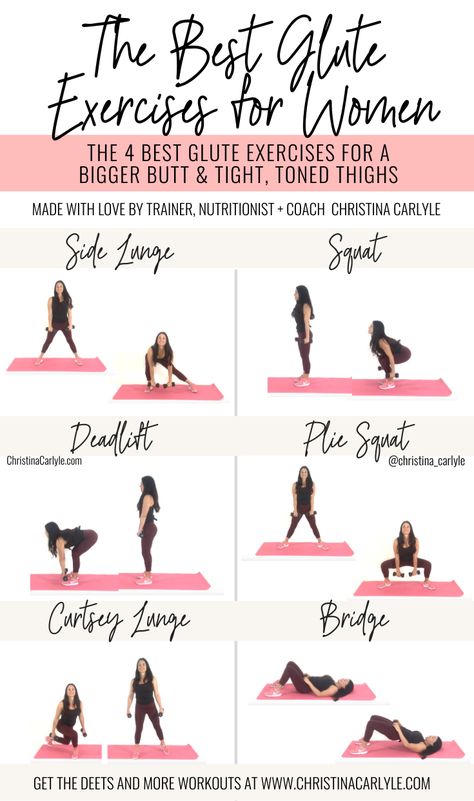 6 Best Glute Exercises for a bigger, rounder butt from trainer Christina Carlyle. #fitness #workout https://christinacarlyle.com/glute-exercises/ Glute Exercises For Women, Glute Exercises, Tone Thighs, Exercises For Women, Quick Workout Routine, Workout Warm Up, Toning Workouts, Quick Workout, Glutes Workout