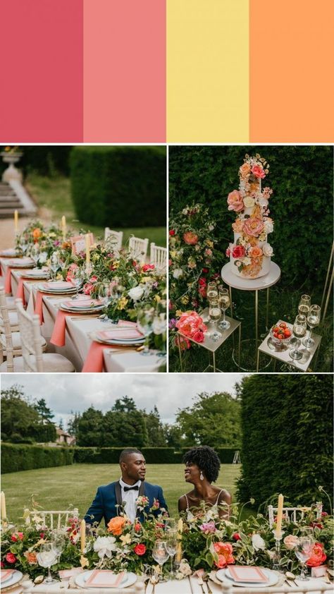 Desire Pink, Embarrassment Pink, Spring Yellow, and Bittersweet Orange Wedding Color Palette | Images by Shelby Ellis Photography Yellow Orange Pink Wedding Palette, Bright And Bold Color Palette Wedding, Pink Yellow Orange Wedding Colors, Wedding Colours 2023 Summer, Summer Party Color Scheme, Bright Wedding Color Palette, Citrus Wedding Color Palette, Yellow Orange Pink Wedding, Unique Wedding Color Schemes Summer