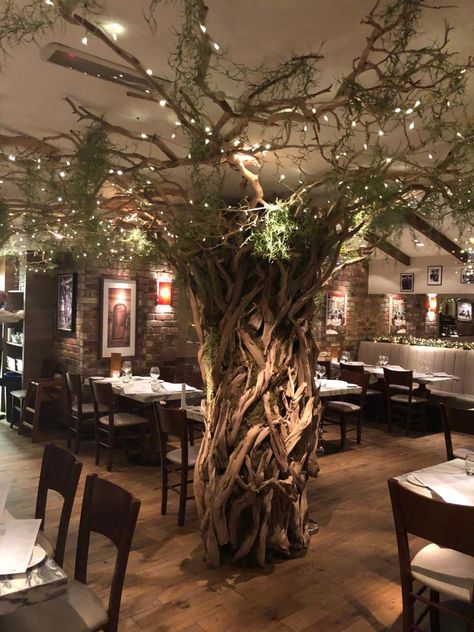 Indoor Arboretum, Botanical Interior, Boho Tree, Tree Interior, Spanish Home Decor, Indoor Tree, Tree Statues, Nail Salon Decor, Rustic Restaurant