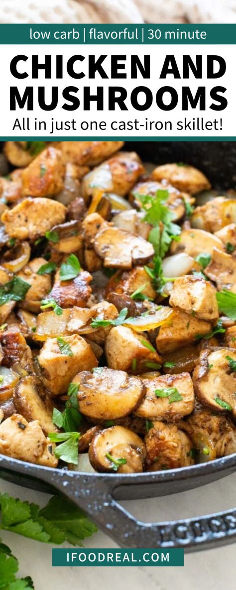 This Chicken and Mushrooms recipe is so easy to prepare and only takes 30 minutes from start to finish. It’s low carb and so flavorful too! One of the best things about this recipe is that it’s all made in one skillet, so you can spend more time with your family than cleaning up after dinner. Low Cholesterol Recipes Dinner, Cholesterol Friendly Recipes, Low Fat Dinner Recipes, Healthy One Pot Meals, Chicken And Mushrooms, Low Fat Chicken, Mushroom Recipes Healthy, Low Calorie Chicken, Low Fat Dinner