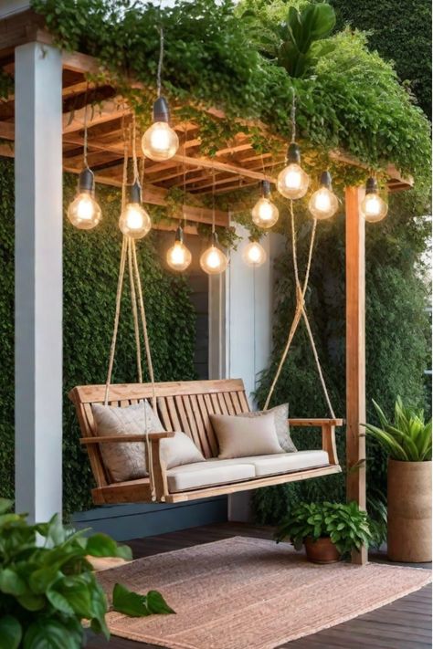 Budget-friendly porch makeover with swing and lights Boho Porch Decorating, Porch Decorating Diy, Dream Porch, Vertical Pallet Garden, Rustic Pergola, Front Yard Decor, Small Garden Landscape, Design Cafe, Pergola Design