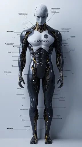 ↑↑↑ Larger size on website 🔸 The image shows a detailed illustration of a humanoid robot with a white, partly see-through body, l Android Robot Male, Human Robotics, Humanoid Robot Concept Art, Stoic Expression, Android Robot, Humanoid Robot, Arte Alien, Metallic Design, Detailed Illustration