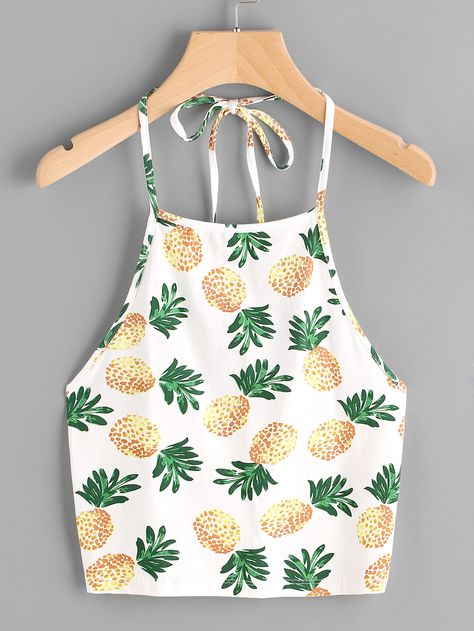 White Vest Top, Halter Shirt, Blusas Top, Pineapple Top, Pineapple Gifts, Pineapple Clothes, White Halter Top, Girls Crop Tops, Plain Outfits