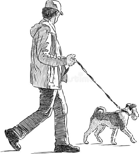 Man With The His Dog Stock Vector - Image: 45658875 Man And Dog Drawing, Line Art Drawings Dog, Walk Illustration, Dog Drawing Reference, Human Sketch, Human Figure Sketches, Nature Art Drawings, Man Sketch, Sketches Of People