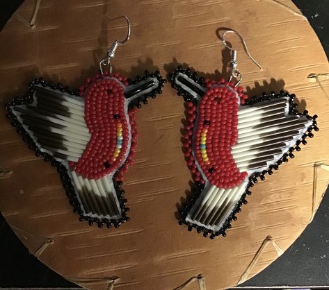 Porcupine Beaded Earrings, Quill Beaded Earrings, Hummingbird Earrings Beaded, Quill Earrings Porcupine, Porcupine Quill Crafts, Beaded Bird Earrings, Hummingbird Beadwork, Porcupine Earrings, Porcupine Craft