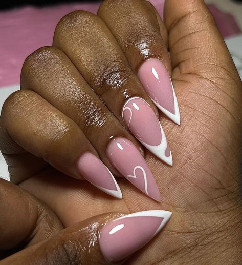 Almond Shaped White Tips, Almond Nails With Line Design, Valentine’s Day Nail Almond, Nails For Wide Fingers, Valentines Stilletos Nails, Design For Almond Shape Nails, Classy Vacation Nails Almond, Almond Vs Stiletto Nails, Almond Nail Styles