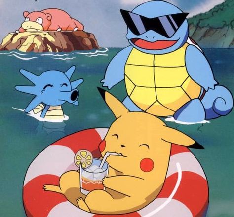 Pikachu And Squirtle, Summer Pokemon, Pokemon Summer, Pokemon Beach, Pokemon Aesthetic, Pokémon Wallpaper, Pokemon Photo, Sticker Inspo, Pokémon Art