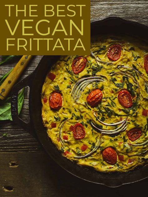 This Vegan Frittata is easy to make, absolutely delicious, and so close to the real thing. A savory egg-free frittata recipe that's healthy, gluten-free, and low in fat. Perfect for breakfast or brunch! Tofu Frittata, Vegan Frittata, Egg Frittata, Cashew Sour Cream, Frittata Recipe, Frittata Recipes, Vegan Eggs, Sauteed Veggies, Sauteed Vegetables