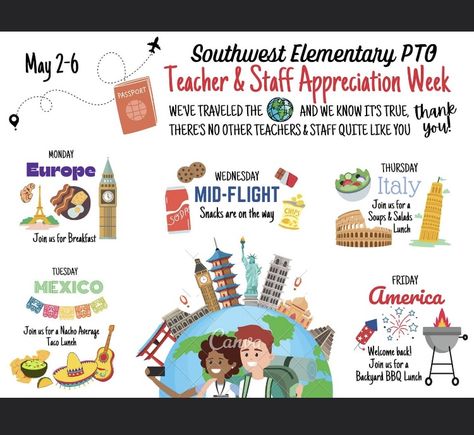 Teacher Appreciation Pta Ideas, Travel Theme Teacher Appreciation Week, Teacher Appreciation Week Ideas Pta, Pto Teacher Breakfast, Best In The West Staff Appreciation, School Staff Appreciation Days 2023-2024, Pta Organization, Ptso Ideas, Childcare Facility