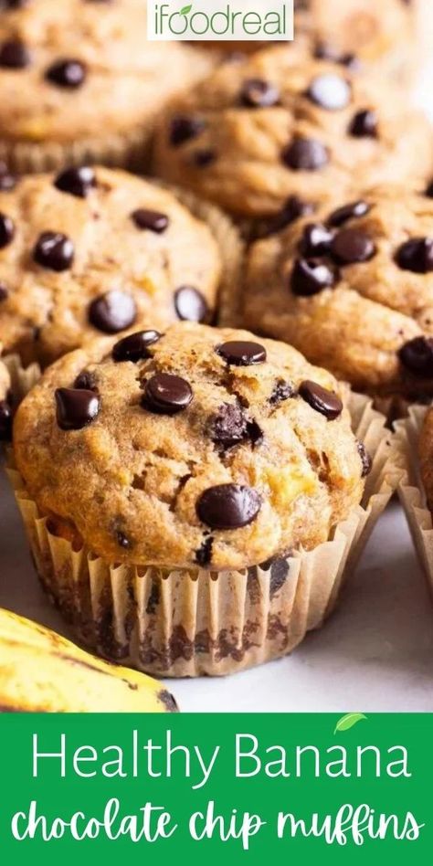 Healthy Banana Chocolate Chip Muffins, Banana Chocolate Chip Muffins Healthy, Banana Choc Chip Muffins, Healthy Chocolate Chip Muffins, Banana Protein Muffins, Choc Chip Muffins, Healthy Banana Muffins, Chocolate Chip Muffin Recipe, Chocolate Banana Muffins