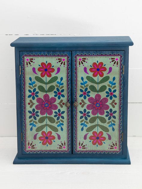 Folk Floral Wooden Cabinet - Dark Teal – Natural Life Folk Art Furniture Painting, Colorful Boho Home, Hand Painted Dressers, Folk Decor, Folk Floral, Colorful Tapestry, Wooden Cabinet, Arte Inspo, Boho Home Decor