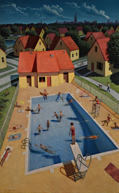 Chris Van Allsburg Illustrations, Leonard Koscianski, Neighborhood Painting, Calming Paintings, Postmodern Art, American Painting, Art Pages, Surreal Art, Interesting Art