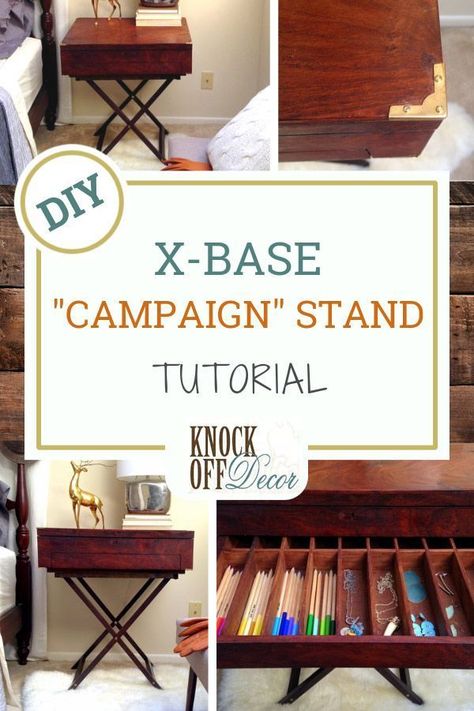 A beautiful example of DIY campaign-style furniture, this x-base side table/stand fits the bill! (But it doesn't cost too many bills!) Take a small, used wooden chest, add some x-braces from an old TV stand, and some simple brass corners and you've got a campaign look anyone would love. Follow these steps to apply to your very own money-saving, DIY project. #diytable #diydecor #diywoodworking #diyprojects Campaign Furniture Plans, Old Tv Stand, Campaign Nightstand, Campaign Style Furniture, Tv Stand Plans, Bed Woodworking Plans, Brass Corners, Campaign Furniture, Table Stand