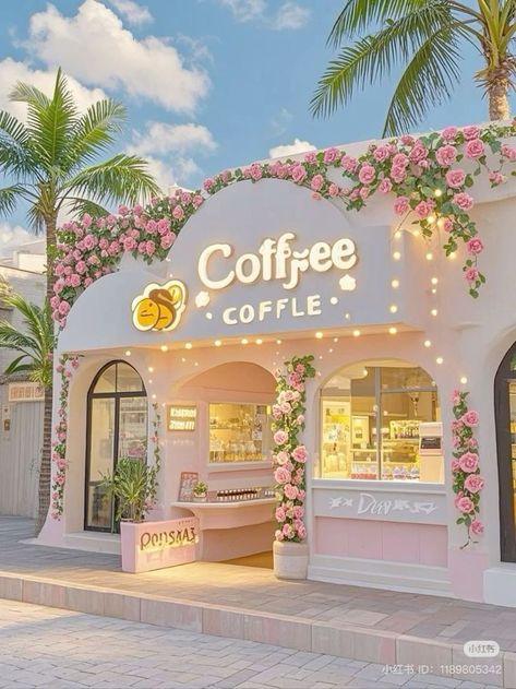 Candy Shop Design Store Fronts, Aesthetic Cafe Design Interior, Bakery Design Exterior, Cozy Bakery Interiors, Kawaii Cafe Interior, Cute Coffee Shop Ideas, Cute Small Cafe, Soda Shop Aesthetic, Storefront Design Boutique