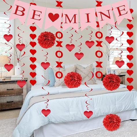 The valentines day decorations set will fill your room with a romantic atmosphere, bring a sweet touch and give your lover a surprise, no one can resist that romance. Hanging on the wall, tables, window, door or fireplace, add a great addition to your party. The cute valentines set is made of high-quality material, eco-friendly, lightweight, no odor, easy to store, and durable enough to reuse next year. Perfect for valentine's day, anniversaries, weddings, engagements, home, and farmhouse decor Paper Flower Ball, Mine Love, Valentine's Day Celebration, Valentine Garland, Valentine Banner, Diy Valentine's Cards, Paper Banners, Romantic Decor, Flower Ball