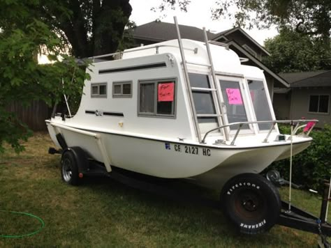 Cruisin Camper boat! This way you wouldn't need a camper and boat. Just use it… Boat Trailer Ideas, Boat Trailer Camper, Diy Boat Trailer, Sealander Camper Boats, Small Houseboats, Trailerable Houseboats, Pontoon Houseboat, Shanty Boat, Camper Boat