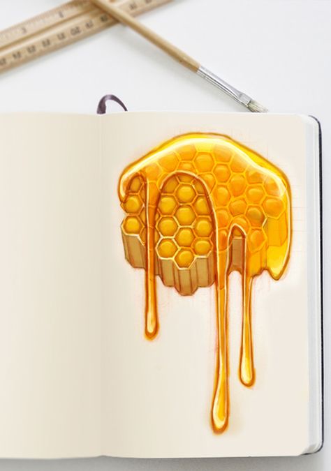 Honeycomb Dripping Honey Tattoo, Honeycomb Drawing Art, Honeycomb Dripping Honey, Honey Art Drawings, Honey Dripping Drawing, Honeycomb Drawings, How To Draw Honey, Honey Dipper Tattoo, How To Draw Honeycomb