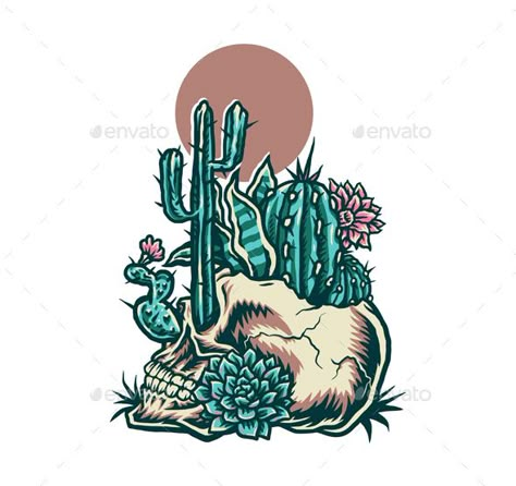 Cactus Tattoo With Skull, Ghost Cactus Tattoo, Desert Skull Tattoo, Skull With Cactus Tattoo, Cactus Skull Tattoo, Western Pop Art, Tat Placement, Cat Skull Tattoo, Desert Tattoo