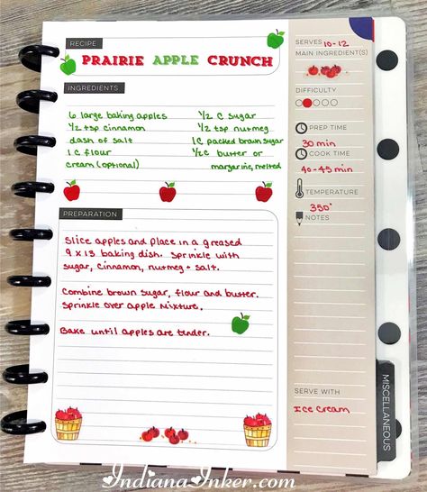 Indiana Inker: Happy Planning - Recipe - Prairie Apple Crunch, Happy Planner Happy Planner Recipe Printable, Recipe Binder, General Crafts, The Happy Planner, Planner Inspiration, Craft Blog, Planner Bullet Journal, Food Printables, Recipe Book