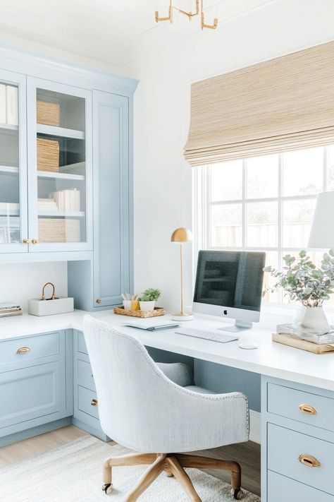 Bringing the Coast to Your Workspace: 15 Dreamy Ideas - Casually Coastal Beachy Office, French Country Office, Indoor House Ideas, Coastal Office Ideas, Family Home Office, Beach House Office, Coastal Home Office, Open Concept Office, Light Oak Floors