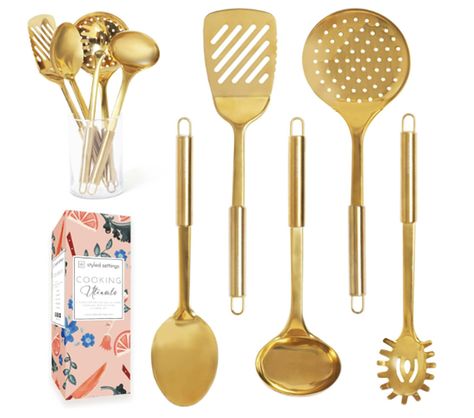 5 pc set of gold utensils Gold Kitchen Utensils, Gold Utensils, Modern Cooking, Gold Kitchen Accessories, Stainless Steel Kitchen Utensils, Stainless Steel Utensils, Utensils Set, Brass Kitchen, Cooking Utensils Set