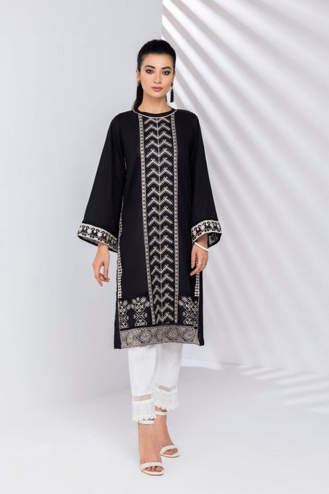 https://www.instagram.com/zellburry.official/ Black Kurta, Kurta Dress, Embroidered Border, Straight Kurta, Pakistani Outfits, Formal Outfit, Full Sleeves, Embroidery Details, Full Sleeve