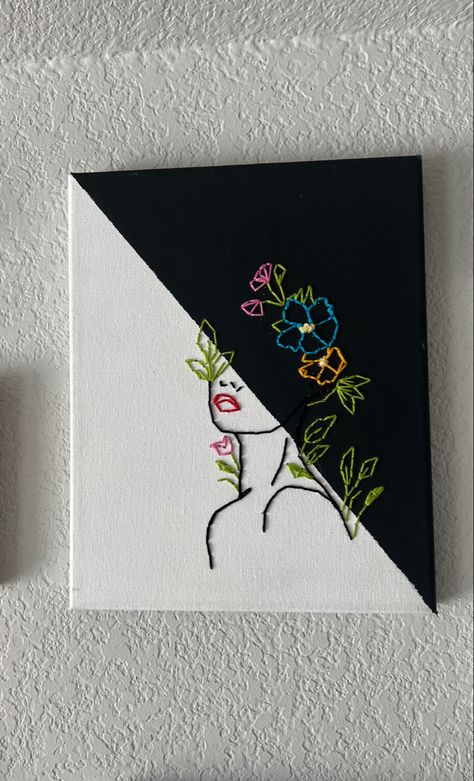 Embroidery Thread Canvas Art, Painting And Stitching On Canvas, Painting With Thread Hand Embroidery, Paint And Sew Canvas, Canvas Art Embroidery, Canvas Stitching Art Ideas, Sewing Canvas Art Ideas, Needle And Thread Canvas Art, Embroidery Line Art Canvas