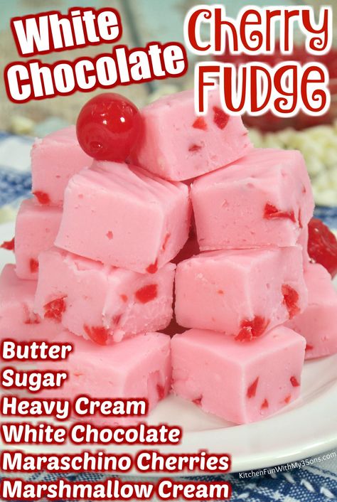 Cherry Fudge is full of delicious maraschino cherries and creamy white chocolate. Plus a secret ingredient to add a fluffy texture: marshmallow cream! Chocolate Cherry Fudge, Cherry Fudge, White Chocolate Cherry, Easy Christmas Candy Recipes, Homemade Fudge Recipes, White Chocolate Fudge, Fudge Ingredients, Maraschino Cherries, Chocolate Marshmallow