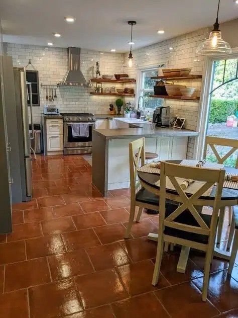 Tera Cotta Tile Floor Kitchen, Kitchen With Terra Cotta Tile Floor Mediterranean, Terra Cotta Tiles Kitchen, Kitchens With Terra Cotta Tile Floors, Terracota Kitchen Floors, Terracota Tile Kitchen, Faux Terra Cotta Floor, Terra Cotta Tile Floors Kitchens, Terra Cotta Tile Kitchen