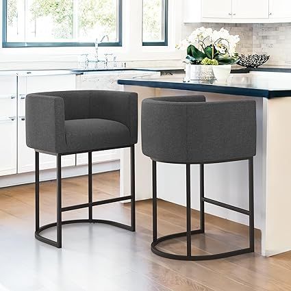 Amazon.com: LUE BONA 27" H Counter Height Bar Stools Set of 2, Modern Barrel Counter Stools with Backrest and Arms, Black Metal Frames, Linen Fabric Upholstered Accent Barstools for Kitchen Island, Carbon Gray : Home & Kitchen Island Stools, Modern Counter Stools, Home Bar Furniture, Counter Height Bar, Metal Bar Stools, Counter Height Bar Stools, Modern Bar Stools, Modern Bar, Counter Height Stools