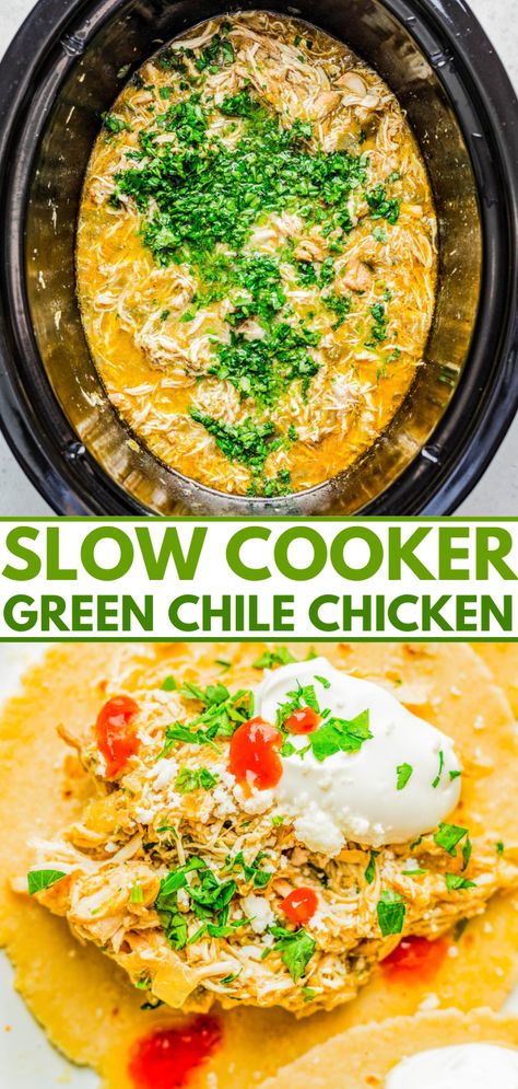 Slow Cooker Green Chile Chicken - Tender, juicy, chicken that's simmered with green chiles, jalapeno, salsa verde, onions, garlic, and spices for the most FLAVORFUL and versatile green chile chicken! Use it in tacos, burritos, casseroles, sandwiches, or as a meal prep recipe. Best of all, it's SO EASY because your slow cooker does ALL the work! Slow Cooker Green Chicken Chili Casserole, Chilli Verde Chicken, Green Chili Chicken Casserole Crockpot, Crockpot Chicken With Green Enchilada Sauce, Crockpot Chicken Enchiladas Green Sauce, Slow Cooker Green Chile Chicken Casserole, Slow Cooker Green Chili Chicken Rice Casserole, Green Chili Chicken Skillet, Crockpot Green Chicken Enchiladas