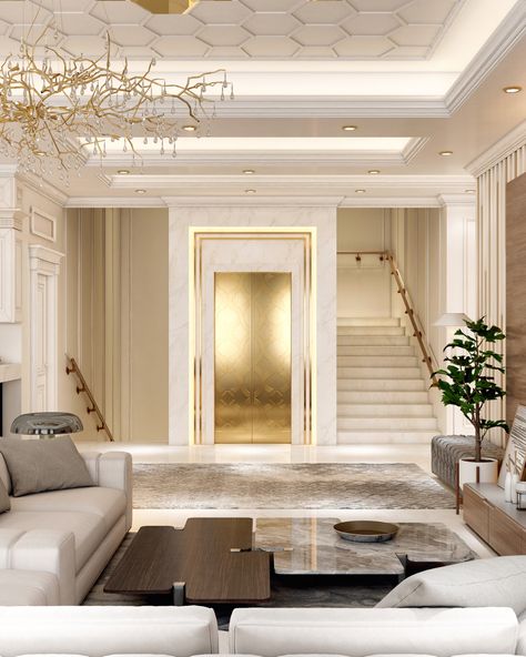 Lift Lobby Design Residential, Living Room 3d Design, Lobby Design Residential, Lift Lobby Design, Luxury Staircase, Elevator Interior, Lobby Interior Design, Cladding Design, Home Hall Design