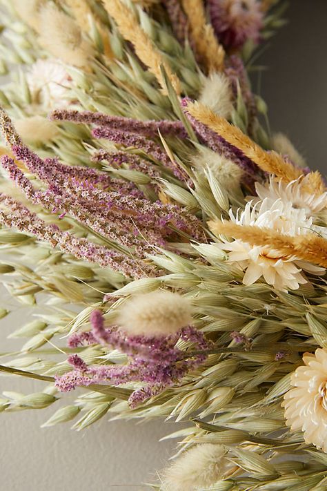 Stems of dried and preserved oats, grass, bunny tails, and strawflower make up this full, natural wreath. | Meadow + Bloom Wreath by Terrain, Size: 22" at Anthropologie Dried Floral Decor, Herb Wreath, Grass Wreath, Dried Wreath, Boho Wreath, Natural Wreath, Bunny Tails, Bunny Tail, Dried Floral