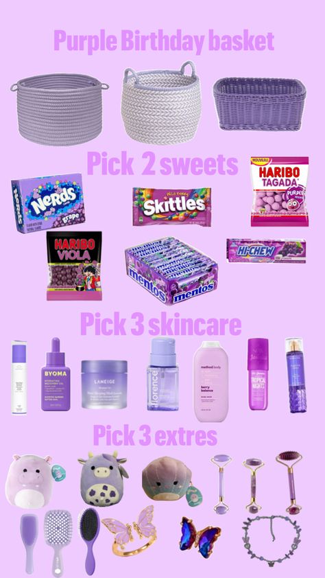 Birthday Box Ideas For Best Friend Purple, Purple Gift Box Ideas For Best Friend, Sweet 16 Gift Basket Ideas 16th Birthday, Light Purple Gift Basket Ideas, Purple Birthday Gift Baskets, Purple Gift Basket Ideas Birthday, Purple Gift Box Ideas Birthday, Birthday Basket For Sister, Purple Gift Basket Ideas