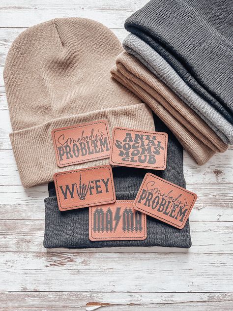 Soft and Cozy Beanies! *Leather patches *Available beanie colors are- black, grey, and khaki MINI Toddler/kids beanies are available only in black! ❤️ *Custom orders can be made, just DM me before purchasing! Beanies With Leather Patch, Hat Leather Patch, Beanie Patch Ideas, Laser Wood Projects Gift Ideas, Leather Glowforge Projects, Laser Engraved Leather Hat Patches, Funny Hat Patches, Leather Patch Beanie, Leather Patches On Hats