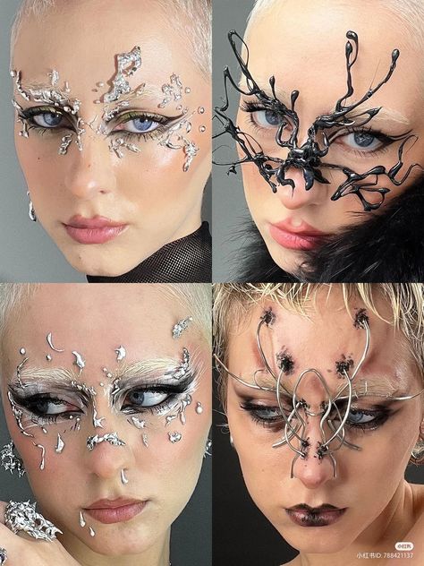 Theatre Makeup Looks, Futuristic Fashion Makeup, Cybersigilism Makeup, Dystopian Makeup, Glitter Makeup Aesthetic, Scifi Makeup, Abstract Makeup Looks, Sci Fi Makeup, Tech Makeup