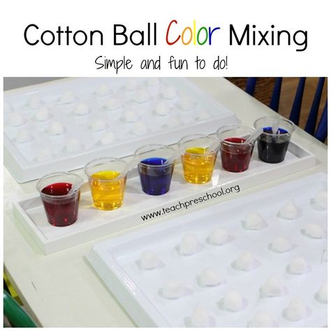 If you haven't ever tried cotton ball color mixing with your students, then let me encourage you to give it a go! It is such a simple process and yet engaging to a mixed age group of students. Here is how it works...    The invitation  The invitation to explore Art Preschool Ideas, Creative Art Preschool, Creative Curriculum Preschool, Preschool Color Activities, Discovery Bottles, Kindergarten Colors, Art Preschool, Teach Preschool, Color Unit