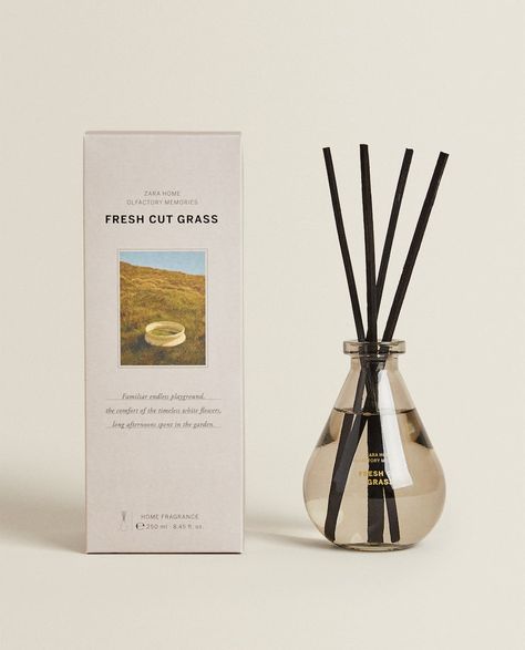 Reed Diffuser Design, Box Packaging Ideas, Subscription Box Packaging, Reed Diffuser Packaging, Reed Diffuser Bottle, Essential Oil Reed Diffuser, Aesthetic Objects, Fresh Cut Grass, Fragrance Packaging