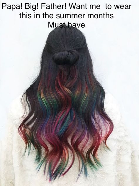 Dark Hair With Rainbow Highlights, Rainbow Black Hair, Tip Dyed Hair For Brunettes, Black Hair With Rainbow, Rainbow Streaks In Hair, Black Rainbow Hair, Dyed Tips Hair Brunettes, Dyed Ends Of Hair Brunettes, Black And Rainbow Hair