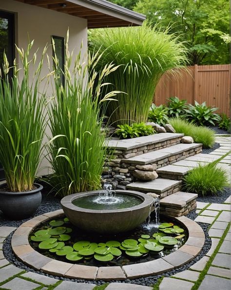 20 Lemon Grass Plant Ideas For Patios - Toolz Geek Landscaping Centerpieces, Flower Bed With Fountain, Plants For Zen Garden, Fountain With Plants, Asian Landscape Ideas, Courtyard Fountain, Garden Sanctuary, Lemon Grass Plant Patios, Fountain Grass In Pots