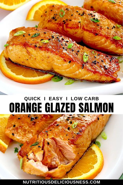 This recipe for Orange Glazed Salmon features buttery, pan-seared filets finished with a sweet and savory orange, ginger, and honey glaze. Ready in just 20 minutes, it's perfect for busy weeknights yet elegant enough for special occasions. Orange Honey Salmon Baked, Spicy Mango Glazed Salmon, Orange Honey Salmon, Orange Maple Glazed Salmon, Honey Glazed Salmon Pan Seared, Misty Copeland Citrus Salmon, Ginger Salmon Recipes, Orange Ginger Salmon, Orange Salmon Recipes