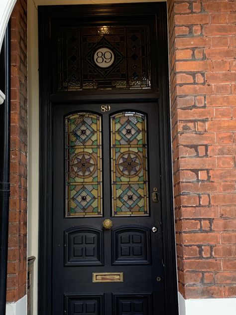 Dark Academia Front Door, Ornate Front Door, Modern Victorian Homes Exterior, Double Storm Doors, Modern Victorian Homes, Victorian Homes Exterior, Storm Doors, Black Front Doors, Entrance Door Design