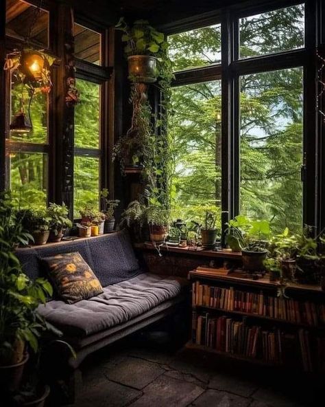 Witchy Cabin Aesthetic, Witchy Conservatory, Dark Wood Cabin, Goth Cabin, Witchy Cabin, Tile Fireplace Ideas, Witchy Houses, Dark Cabin, Black Tile Fireplace