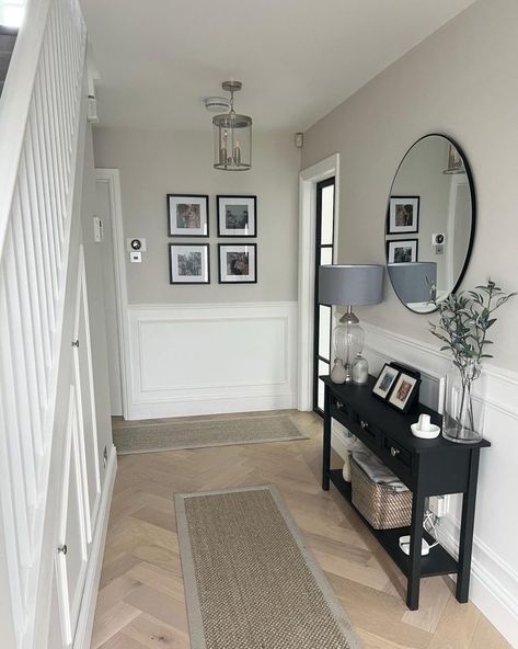 Hallway 2 Colours, Paint Ideas For Small Hallway, Neutral Hallway Black Accents, Hallway And Landing Paint Ideas, Painted Doors And Trim Interior, Modern Small Hallway, Narrow Hallway Wall Colors, French Grey Colour Palette, Box Hallway Ideas